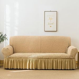 CULOTOL Sofa Cover Latest Seersucker Jacquard Design High Stretch Sofa Covers for 3 Cushion Couch, Pet Dog Cat Proof Slipcover Non Slip Magic Elastic Furniture Protector (Beige, 3 Seater)