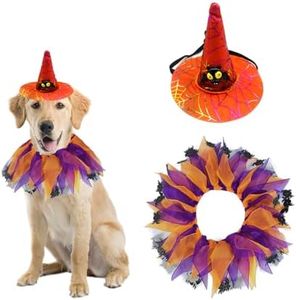 Lopsity 2PCS Cat Dog Halloween Costume Halloween Pet Collar and Witch Hat Adjustable Dog Cat Collars with Elastic Band Color Collar for Dog Cat Pet (B)