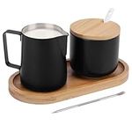 BELLE VOUS 5-Piece Milk and Sugar Set - Black Milk Jug and Sugar Bowl Set with Bamboo Wood Tray, Lid & Serving Spoon - Stainless Steel Tea Serving Set