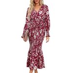 clear wind Women's Leopard Print Shirred Ruffle Trumpet Long Evening Dress Red 2XL