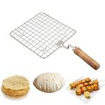 Cloudzy Roaster Barbecue Net Grill Steel Wire Roasting Net Charcoal Hand Warmer Rack BBQ Accessories Fish Burner Papad Jali Paneer Tandoor Net with Wooden Handle (Square)