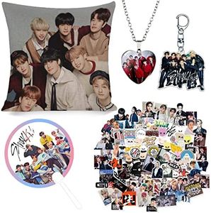 ZPPLD Gift Set, Stray Kids Fan Item, Fan Set, 1 Pillowcase, 1 Necklace, 95 Pieces StrayKids Stickers, 1 Keyring, 1 Circular Hand Fan