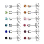 12 Pairs Ear Piercing Stud Earrings, Surgical Stainless Steel Multicolor Cubic Zirconia Birthstone Stud Earrings for Ear Piercing Guns (Silver 3mm)