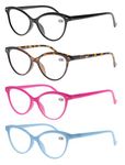 Women Reading Glasses 1.5 4 Pack Fashion Colors Cat Eye Readers for Ladies Compact Spring Hinge Lightweight Frame Includes Pocket