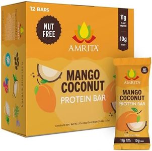 Amrita Nut Free Vegan Protein Bars (12 Count) | Mango Coconut 15g Plant-Based Protein Bar | Peanut-Free, Gluten Free, and Dairy-Free | No Added Sugar, High Fiber, Healthy Snacks for Kids/Adults