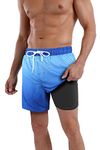 QRANSS Mens 2 in 1 Swim Trunks Compression Liner Workout Athletic Shorts Quick Dry 5''Swimwear Men Running Shorts with Phone Pocket (WhiteBlueStripe,X-Large)