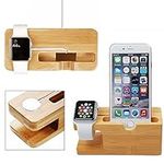 XPhonew Bamboo Wood Multifunction Charging Stand Charger Cradle Docking Station Charge Holder Compatible for iPhone 15 14 13 12 11 Pro Max Apple Watch 3 4 5 /iWatch 38mm & 42mm Samsung Sony Smartphone