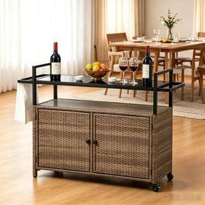 XUOXFUTZIG Outdoor Wicker Bar Cart with Wheels, Patio Rolling Beverage Serving Cart with Tempered Glass Top, Removable Ice Bucket & Storage Cabinet, Brown