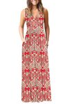 AUSELILY Women Summer Maxi Dress Sleeveless Boho Long Dress V Neck Beach Dress Elegant with Pockets Boho Floral Red 2XL