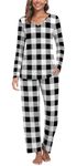 Findsweet Womens Fall Pajama Sets 2 Piece Lounge Sleepwear Long Sleeve Soft Pjs Top Comfy Pjs Pants with Pockets 3XL, Black and white plaid