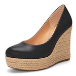 Castamere Women High Heel Wedge Platform Round Toe Pumps Slip-on Classic Cute Office Shoes, Black, 12.5