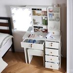 Udekoo White Vanity Desk with Mirror and Power Outlet for Bedroom, Hollywood Vanity Mirror 10 Lights 3 Colors and Adjustable Brightness Dresser, Girls Vanity Table and Stool Set with 6 Storage Drawers