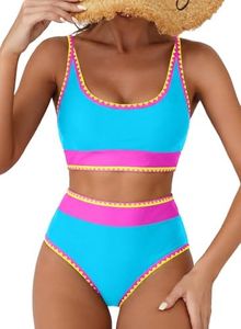 Herseas Womens Blue Bikini Sets Shell Stitch Swim Suits 2026 Summer High Waisted Color Block Bathing Suits Padded Hawaiian Swimming Beach Beach Vacation Clothes Cruise Essentials Medium