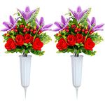 Artificial Cemetery Flowers for Grave, Set of 2 Artificial Flowers Bouquet Memorial Flowers with Vase for Outdoor Cemetery Headstones Graveyard Gravestone Decoration (Purple Lily&Red Rose)