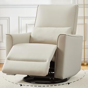 360° Swivel Rocking Recliner Chair, Glider Rocking Chair, Upholstered Faux Leather Reclining, Manual Recliner Chair with Lumbar Support, Nursery Rocker Recliner for Living Room, Bedroom, Beige