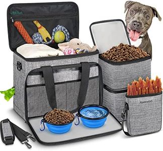 6 Set Dog Travel Bag, Large Pet Travel Kit for Supplies Includes 2 Food Containers, 1 Travel Organizer for Dogs, 2 Collapsible Bowls, 1 Treat Pouch, Dog Weekend Overnight Travel Bags Luggage, Grey