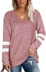 Famulily Womens Casual V-Neck Stripe Tee Shirt Ladies Color Block Baseball Shirt Blouse Sweatshirt Tunic(Pink,L)