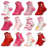 SkiBeaut Toddlers Girls Socks Baby Grips Socks 12 Pairs Non Slip Skid Kids Crew Socks with Grippers Toddler Grippy Slipper Socks for 12-36 Months 1-3 Years