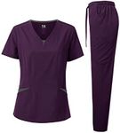 Dagacci Medical Uniform Women's Scrubs Set 4-Way Stretch Split Contrast Net and Pocket (Medium, Egg Plant)