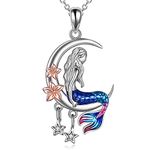 LUHE Mermaid Necklace Jewelry Gifts Sterling Silver Sea Mermaid Crescent Moon and Star Necklace with Flower Pendant Birthday Gifts for Daughter Women, Sterling Silver, enamel