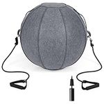 GYMAX Exercise Yoga Ball, 65cm Yoga Sitting Ball with Felt Cover, Resistance Bands & Pump, Anti-burst Balance & Stability Ball Chair for Pilates, Pregnancy & Physical Therapy (Grey)