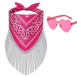 Ricawa Fringe Rhinestone Bandana Disco Cowgirl Bachelorette Sparkly Bandanas for Women Men Halloween, with Heart Sunglasses, Hot Pink, Medium