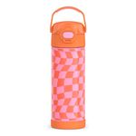 THERMOS FUNTAINER 16 Ounce Stainless Steel Vacuum Insulated Bottle with Spout and Locking Lid, Wavy Checkers Orange