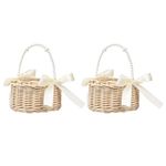 2 Pack Wicker Rattan Flower Girl Basket, Woven Wedding Flower Basket with Pearl Handle and Bow Ribbon