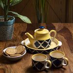 HS HINDUSTANI SAUDAGAR Microwave Safe Hand Made Painted Ceramic Tea Set with Kettle (Tea Pot) and 2 Cup Capacity of 150 ml, Blue & Yellow