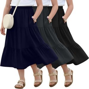 Langyiwee 3 Pack Girls' Maxi Skirts 5-16Y with Pockets Tiered Elastic Waist Long Ruffle Pleated Flowy Swing Summer Skirts(11-12 Years,Navy Blue, Dark Gray, Black)