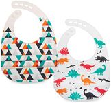 Nuby 2 Pack Adjustable Easy Clean Soft Silicone Bibs with Scoop, Triangles & Dinosaurs