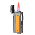 PIPITA Windproof Torch Lighter Metal Butane Gas Lighter 4 Jet Red Flame Refillable Gas Fire Lighter with Two Punch Cutters and Butane Window/Gifts for Men