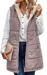 ECOWISH Women Long Puffer Vest: Fall Zip up Reversible Fleece Jacket 2024 Winter Warm Sleeveless Hooded Coat with Pockets, Bean Paste Pink, Medium