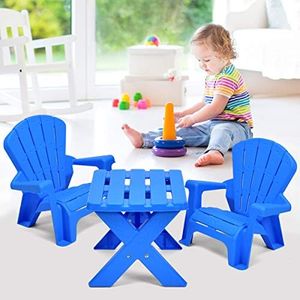 Costzon Kids Table and Chair Set, Outdoor Toddler Activity Table and Adirondack Chairs for Picnic, Garden, Patio, Backyard & Beach, Kids Outdoor Table and Chair Set (Blue)