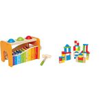 Hape E0305 Early Melodies Pound and Tap Bench & Hape E0409 Wooden Building Block Set - Maple