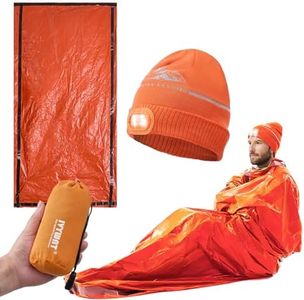 IVYWNT Emergency Sleeping Bag & LED Beanie Kit - Portable Bivy Sack Blanket, Winter Warm Knitted Hat with Light, Waterproof Survival Gear for Camping Hiking Adventure, Orange