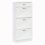 HOMCOM Shoe Cabinet with 4 Drawers, High Gloss Storage Cupboard with Flip Doors with Adjustable Shelves for 18 Pairs White