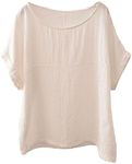 Soojun Women's Cotton Linen Round Collar Boxy Top Patchwork Blouses, Beige, X-Large