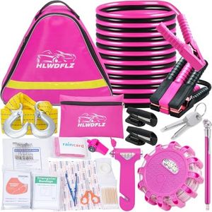 HLWDFLZ Pink Roadside Assistance Kit with Jumper Cable, Tow Rope, LED Road Flare, Deer Whistles and More Women Emergency Safety Tool Kit