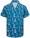 MADHERO Mens Hawaiian Shirt Short Sleeves Casual Button Down Beach Shirts Blue Anchor Size L