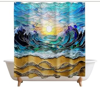 XMWYTJ Stained Glass Beach Waves Shower Curtains Coastal Ocean Sunrise Barn Door Decor Polyester Fabric Waterproof Bathroom Curtains Set with 12 Hooks,71 X 71 Inches