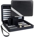 WE Games Backgammon Set, Board Games for Adults - Travel Games - Black with Gray Stripe Magnetic Leatherette Backgammon Board and Carrying Strap - Travel Backgammon Sets for Adults