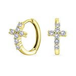 Spiritual Small Religious Kpop CZ Cross Huggie Small Hoop Earrings For Women For Men Pave Cubic Zirconia Yellow 14K Gold .925 Sterling Silver