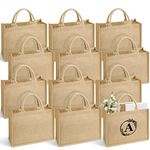 ULENDIS 12 Pack Burlap Jute Tote Bag with Handles, Large Reusable Grocery Beach Bag with 26 Iron on Letters transfers, Laminated Interior Blank DIY Crafts Bags for Bridesmaid Gift Travel Shopping,