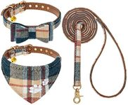 EXPAWLORER Puppy Collar and Leash Set - Embroidery Pawprints Plaid Dog Collar and Dog Leash No Free, Bow Tie and Bandana Dog Collar with Bell, Collar and Leash for Dogs Cats Outdoor Walking, Khaki S