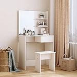 SDHYL Vanity Table Set with Storage, Makeup Desk with Stool and Mirror,White Vanity Desk with Drawer and Shelves for Bedroom