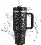 Tumbler with Straw and Lid and Handle, 40oz Coffee Cup Travel Mug, Stainless Steel Vacuum Insulated Travel Mug, Car Coffee Mug, Water Bottle Thermos for Hot Iced Drink (Leopard Black)