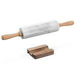 Navaris Marble Rolling Pin and Stand - Set Includes Marble Rolling Pin with Wooden Handles and Stand - For Kitchen, Baking, Dough, Fondant - White