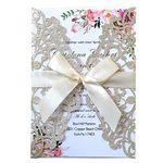 JOFANZA 5X7.2 Inch 50PCS Blank Laser Cut Wedding Invitations Cards with Envelopes and Ribbons, Quinceanera Bridal Shower Engagement Sweet 16 Birthday Invite (Champagne Glitter)