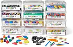 hand2mind STEM Bins Kit by Teach Outside The Box for Kids (Set of 12) - 18 Different Manipulatives, 8 Challenge Yourself Cards, 8 Writing Prompt Cards, and Teacher Guide